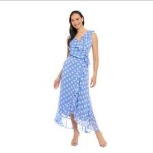 London Times Blue Polka Dot High-Low Wrap Dress